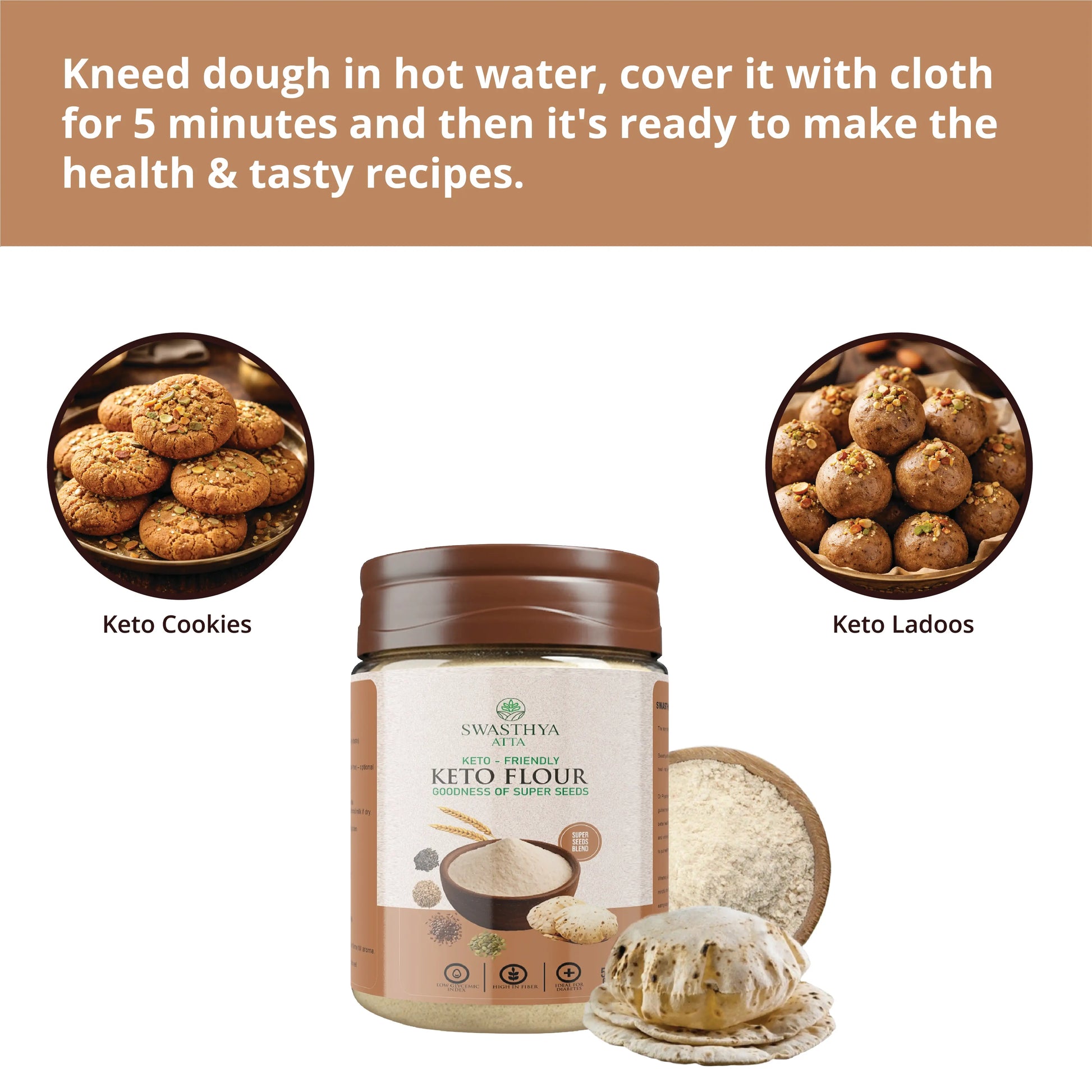 Keto atta pack with freshly made rotis; top headline reads "How to use it - Knead dough in hot water, cover with cloth for 5 minutes and it's ready to make the healthiest recipes"; two circular recipe callouts show Keto Cookies and Keto Ladoos - step-by-step visual for making low-carb treats with keto flour.