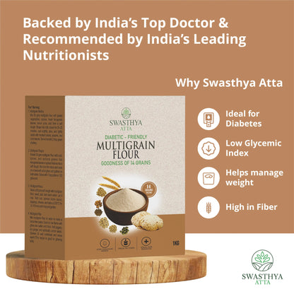 Multigrain atta pack on the left with endorsement banner at top - backed by India's top doctors and recommended by leading nutritionists; right side shows icon tags: Ideal for Diabetes, Low Glycemic Index, Helps manage weight, High in fiber.