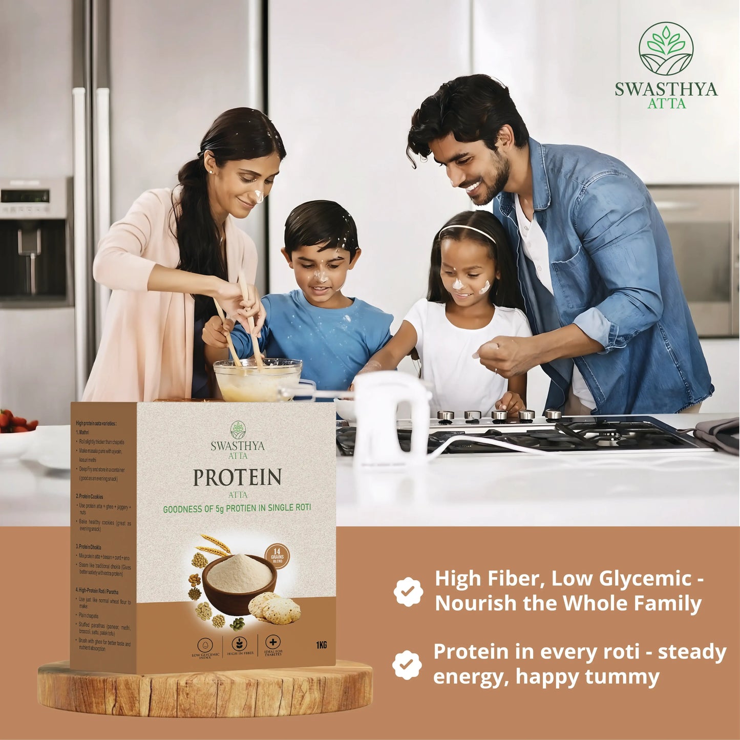 Protein atta package in the foreground with a happy family cooking in a bright kitchen; bottom overlay tags read: High Fiber, Low Glycemic Index, Nourish the Whole Family, Protein in Every Roti - Steady Energy, Happy Tummy - protein-rich atta for everyday rotis and balanced energy.