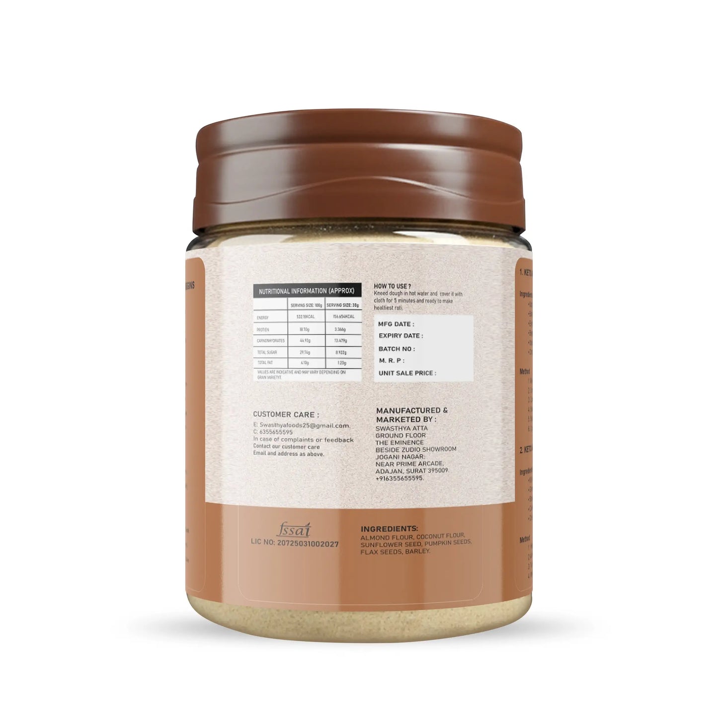 Back view of Swasthya Keto Atta 500g pack showing nutrition facts, ingredients list and manufacturer details.