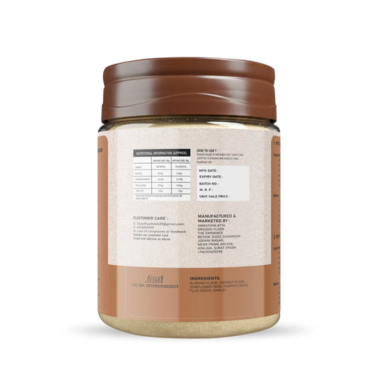 Back view of Swasthya Keto Atta 500g pack showing nutrition facts, ingredients list and manufacturer details.