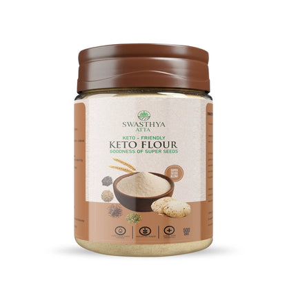 Front view of Swasthya Keto Atta 500g pack, keto-friendly flour made with nutrient-rich super seeds.