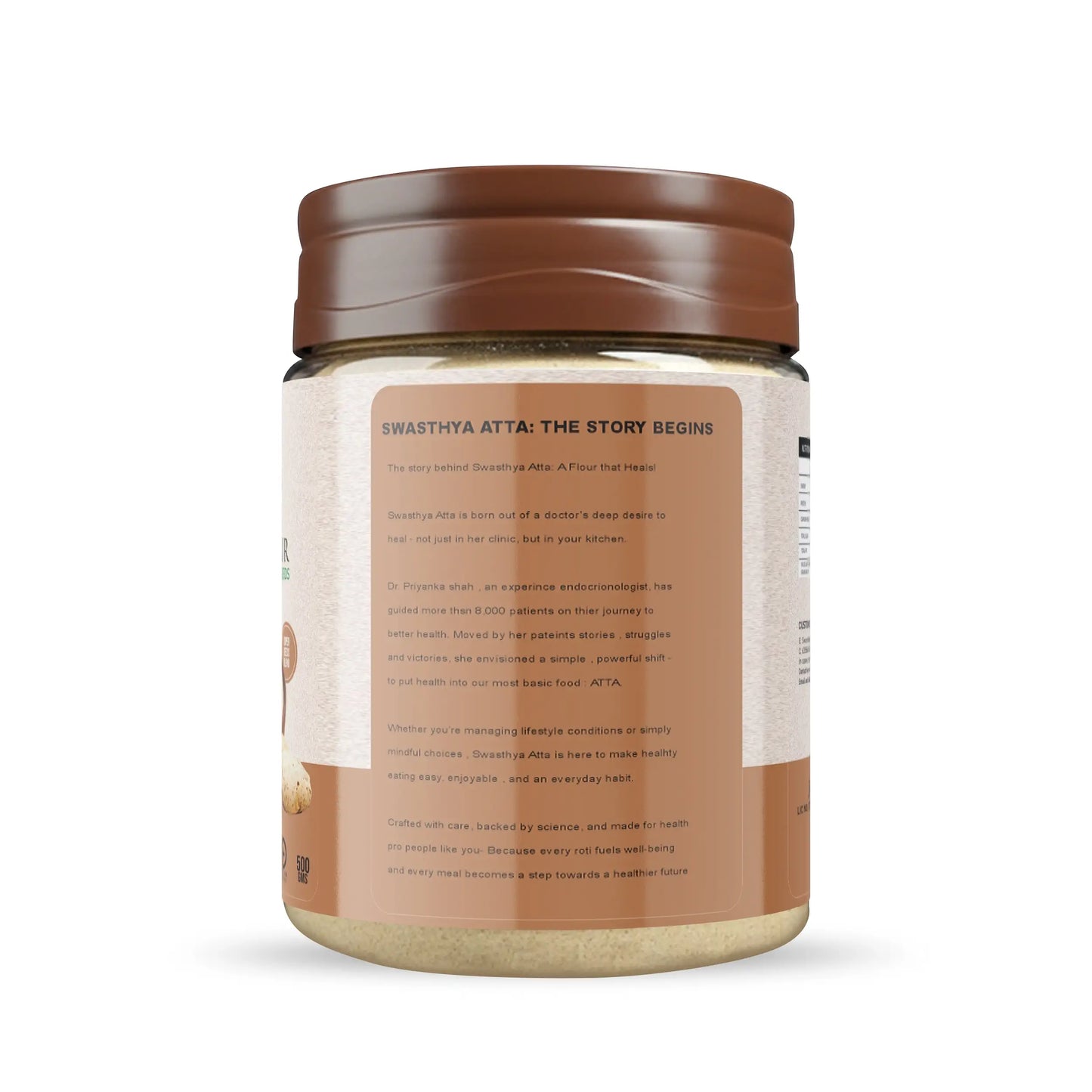 Side view of Swasthya Keto Atta 500g pack showing the brand story and healthy eating message.