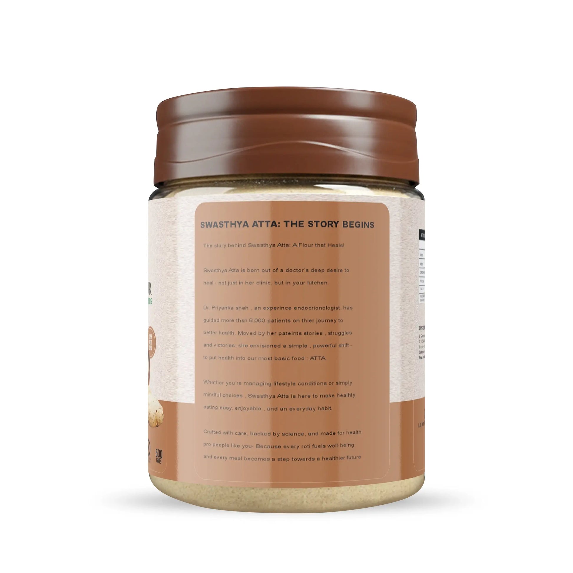 Side view of Swasthya Keto Atta 500g pack showing the brand story and healthy eating message.