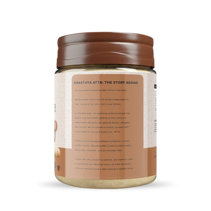 Side view of Swasthya Keto Atta 500g pack showing the brand story and healthy eating message.