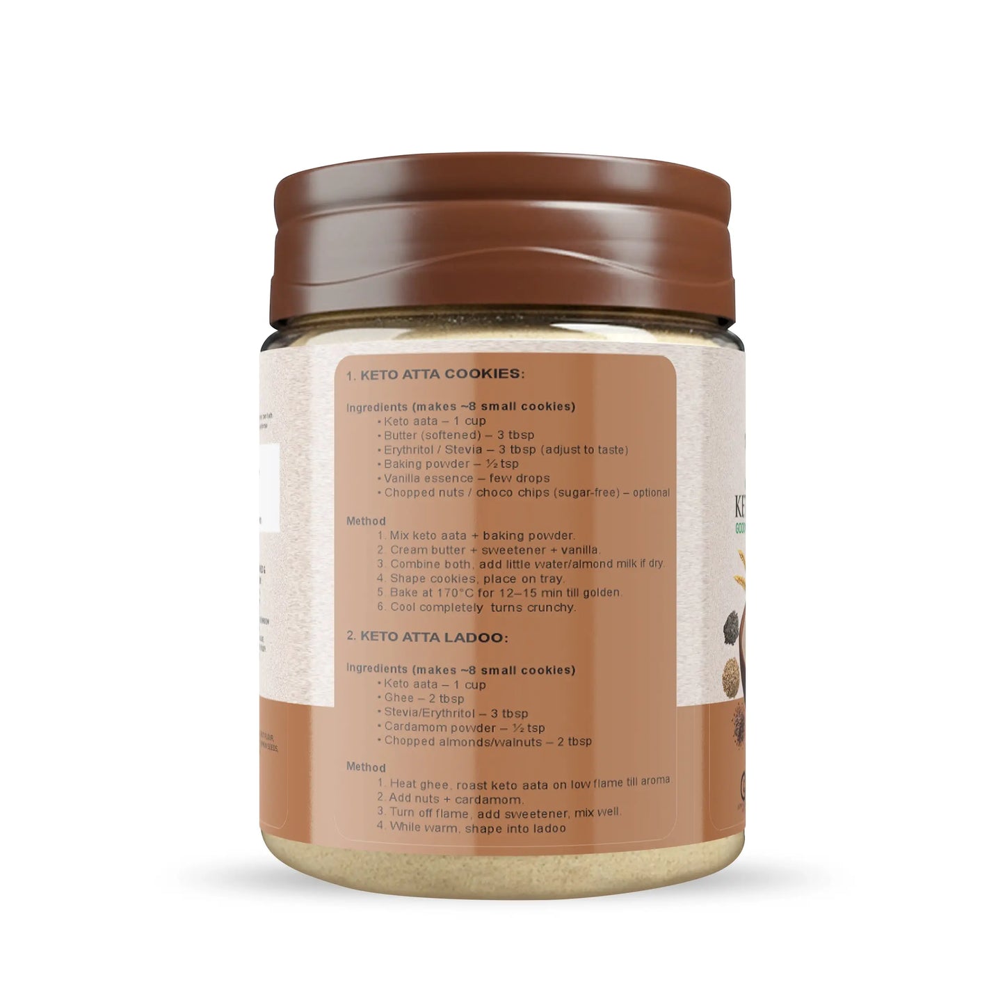 Side view of Swasthya Keto Atta 500g pack showing recipe suggestions and cooking ideas.