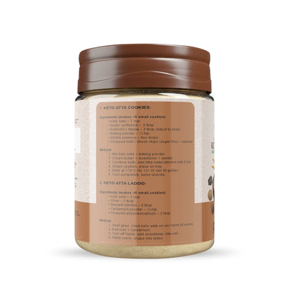 Side view of Swasthya Keto Atta 500g pack showing recipe suggestions and cooking ideas.