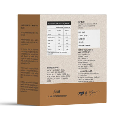 Back view of Swasthya Multigrain Atta 1kg pack showing nutrition facts, ingredients and manufacturer details.