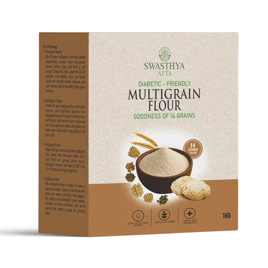 Swasthya Multigrain Atta 1kg pack front view, made with 14 grains, high fiber and diabetic-friendly flour.