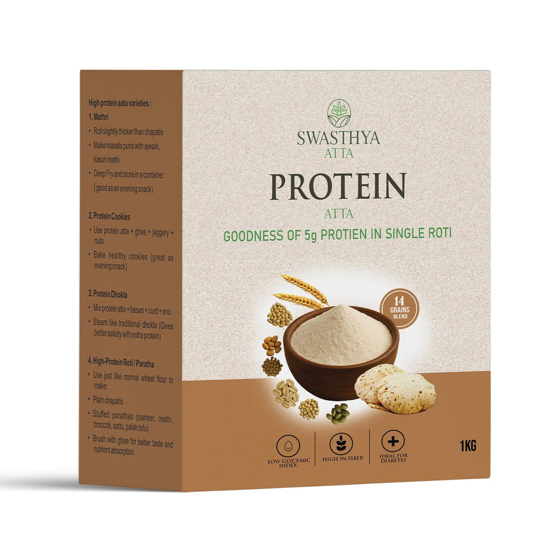 Front view of Swasthya Protein Atta 1kg pack, high protein and high fiber flour for everyday meals.